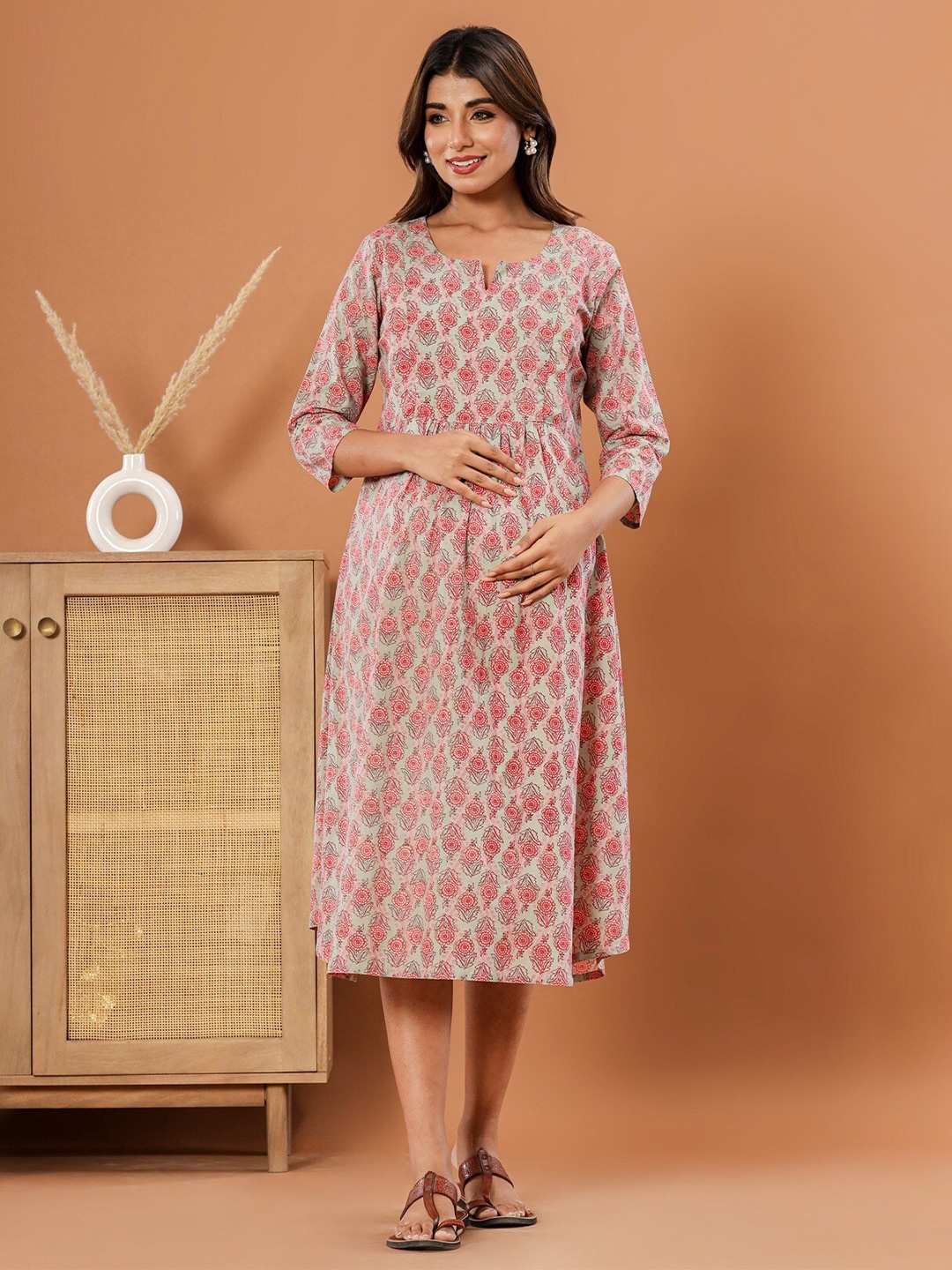 

LALI JAIPUR Ethnic Motifs Printed Cotton Maternity A-Line Dress, Pink