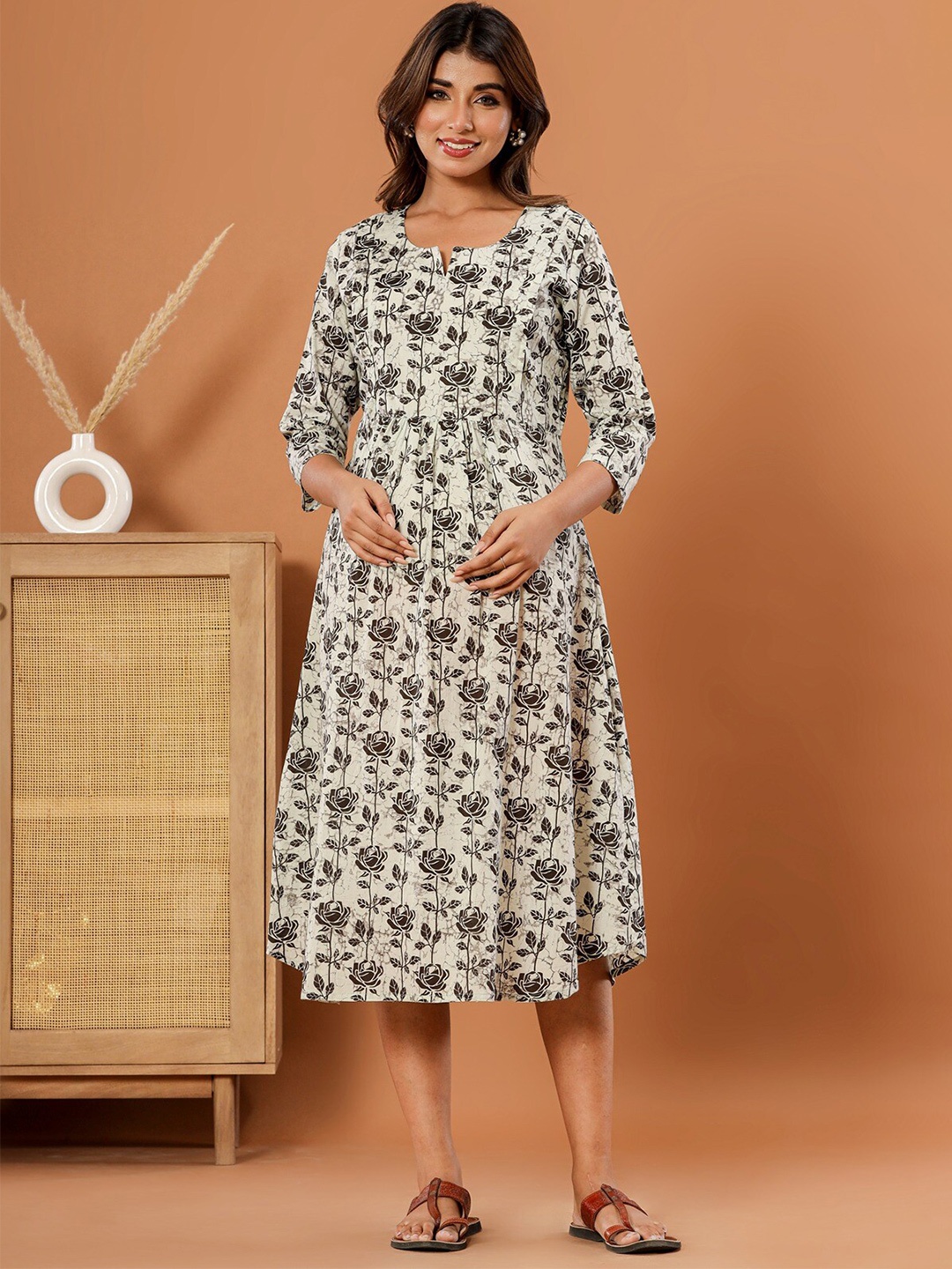 

LALI JAIPUR Floral Printed Cotton Maternity A-Line Midi Dress, Black