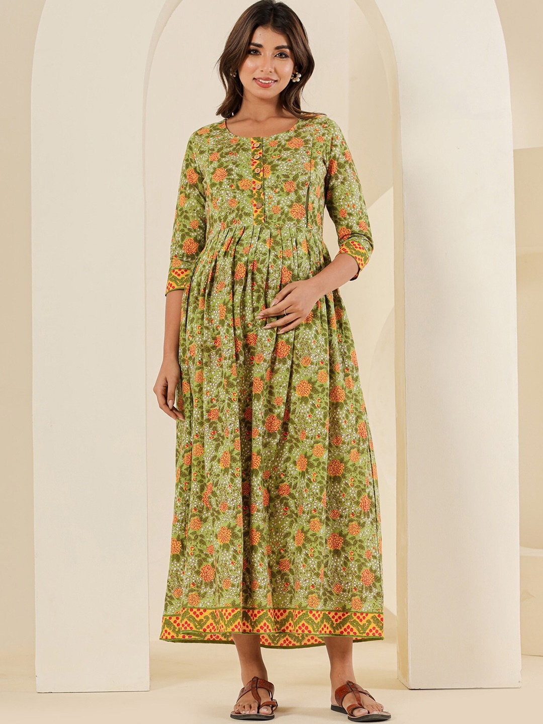 

LALI JAIPUR Floral Printed Cotton Maternity Maxi Dress, Green