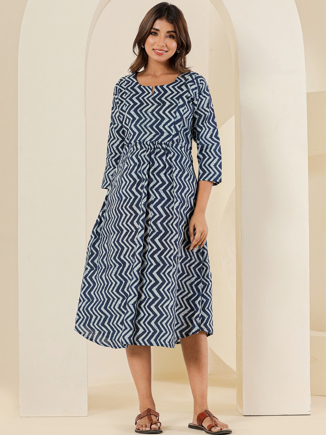 

LALI JAIPUR Geometric Printed Cotton Flared Maternity A-Line Midi Dress, Blue