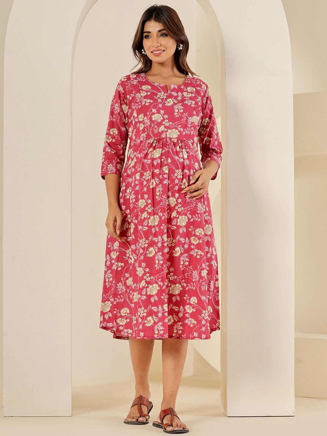 

LALI JAIPUR Floral Printed Cotton Maternity Flared Empire Midi Dress, Pink