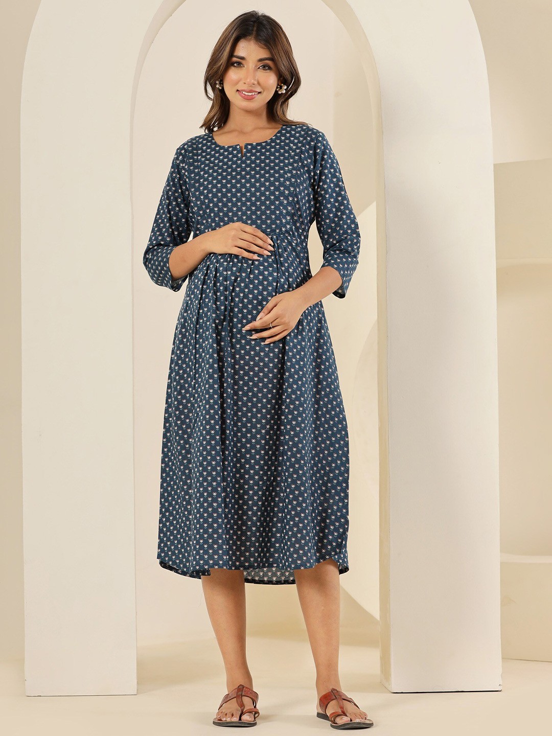 

LALI JAIPUR Polka Dot Printed Cotton Flared Maternity A-Line Midi Dress, Blue