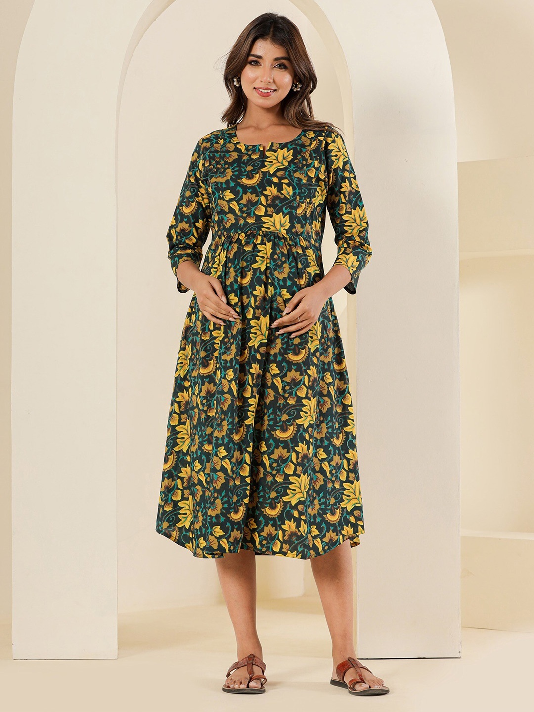 

LALI JAIPUR Floral Printed Cotton Flared Maternity A-Line Midi Dress, Green