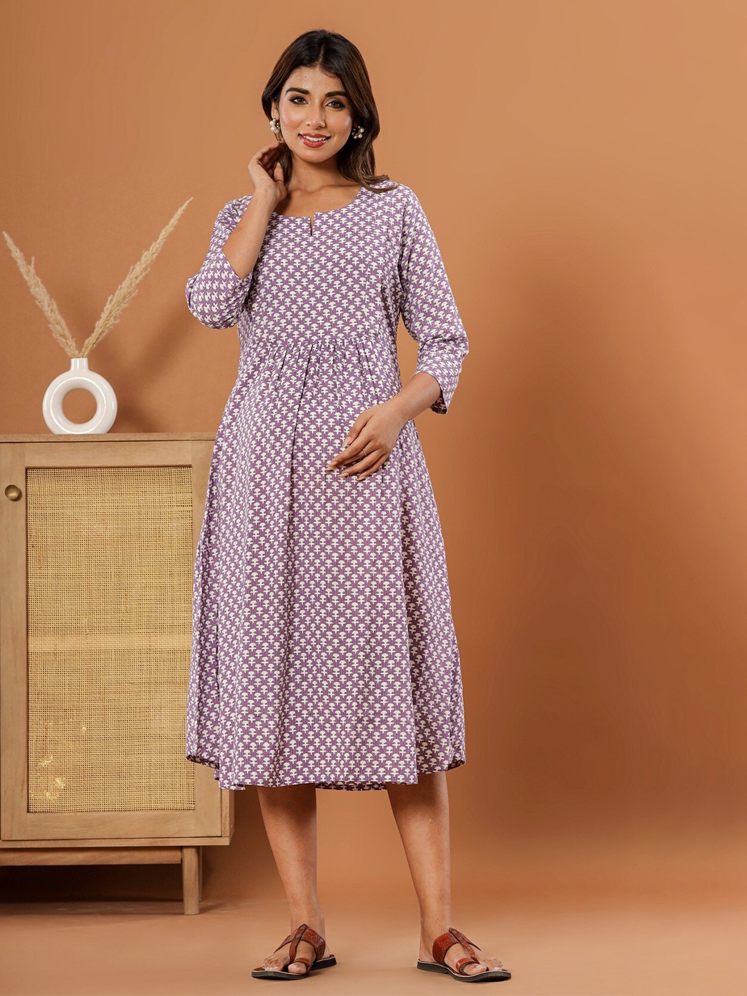 

LALI JAIPUR Ethnic Motifs Printed Cotton Flared Maternity Fit & Flare Dress, Purple