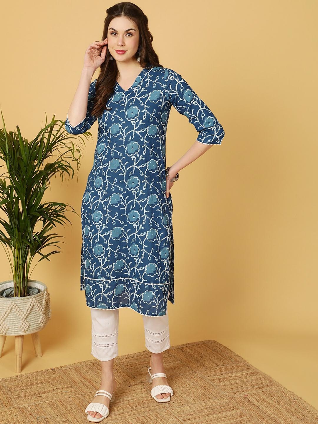 

antaran Ethnic Motifs Printed Pure Cotton Indigo Kurta, Blue