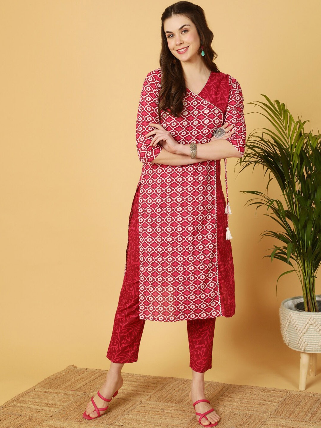 

antaran Floral Printed Angrakha Pure Cotton Kurta with Trousers, Magenta