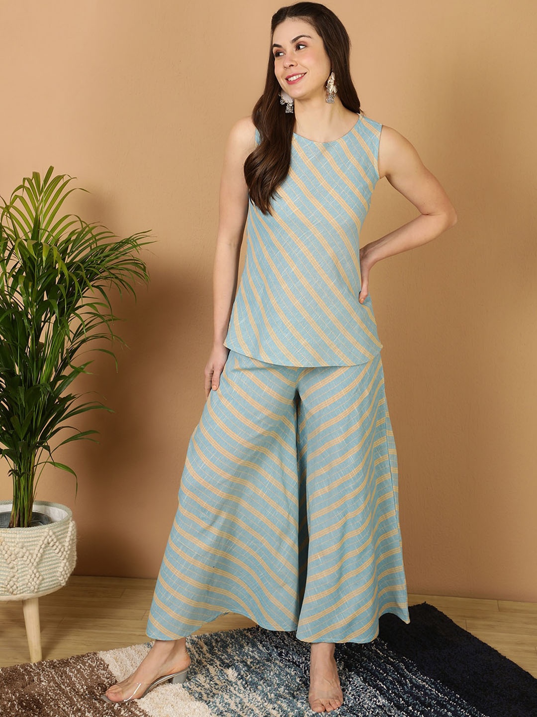 

antaran Striped Sleeveless Pure Cotton Kurti with Palazzos, Blue