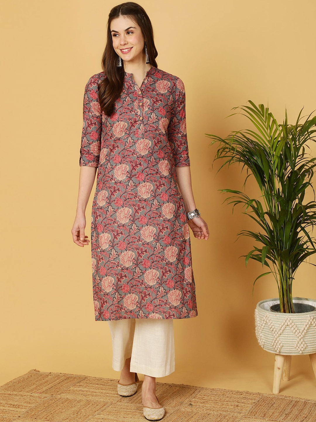 

antaran Ethnic Motifs Printed Pure Cotton Kurta, Grey