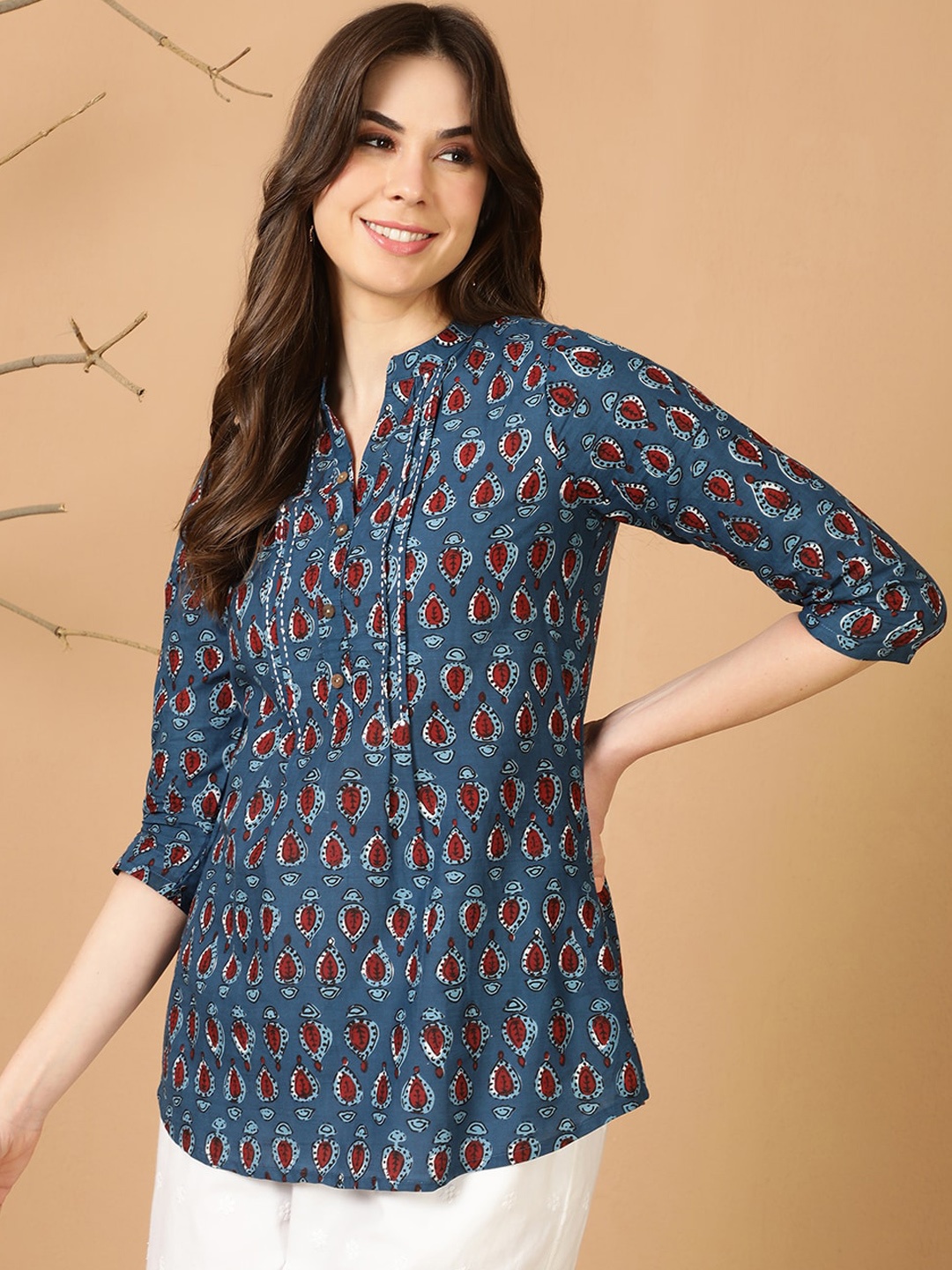 

antaran Mandarin Collar Printed Pure Cotton Ethnic Tunic, Blue