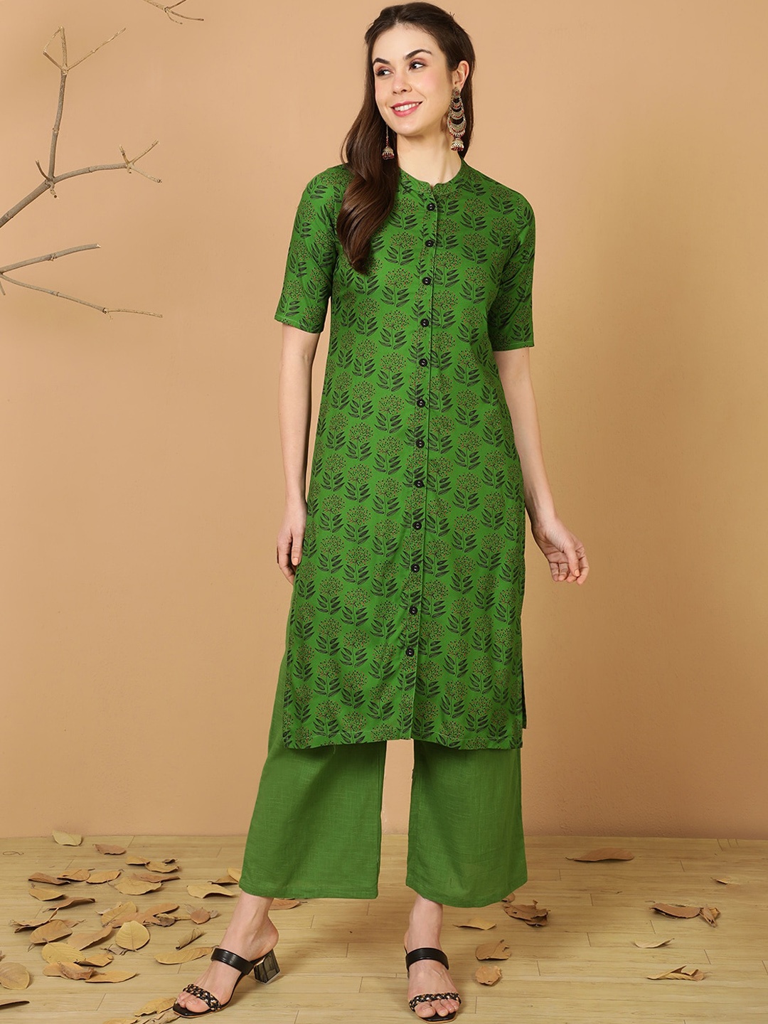 

antaran Floral Printed Pure Cotton Kurta, Green