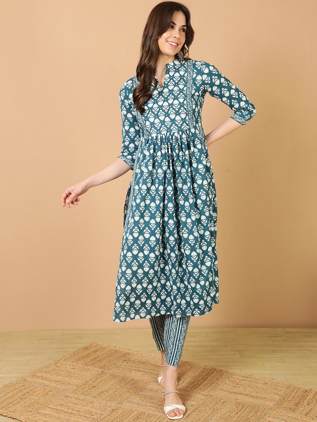 antaran Ethnic Motifs Printed Pure Cotton Indigo Kurta, Blue