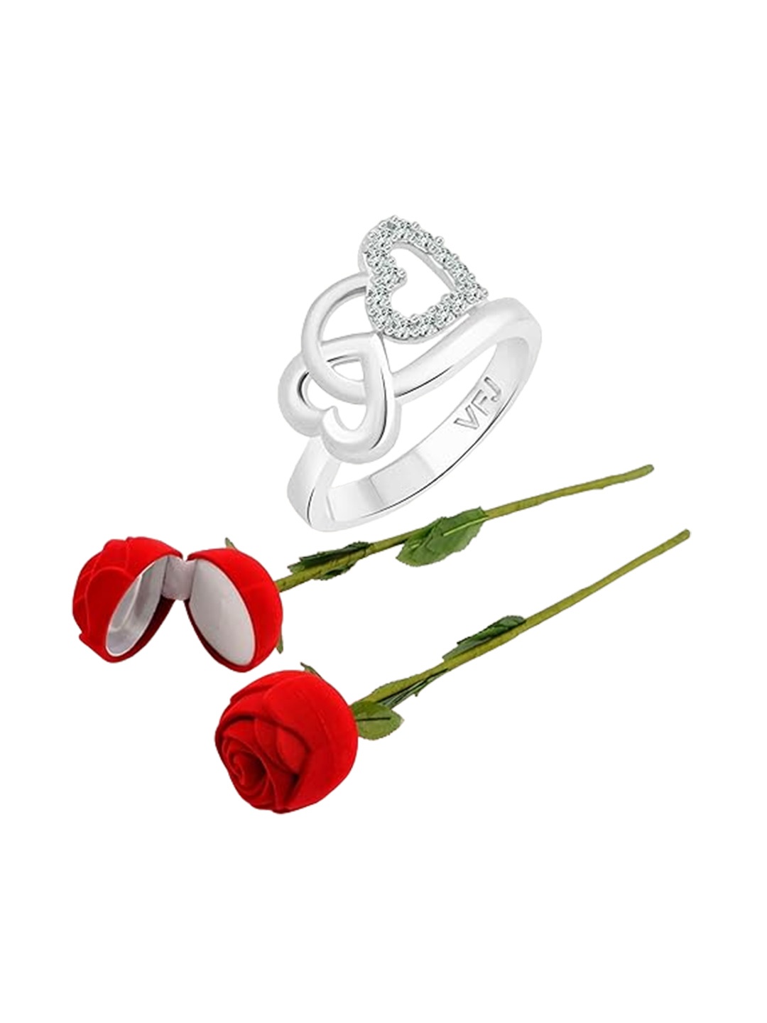 

Vighnaharta Rhodium-Plated CZ-Studded Finger Ring With Rose Box, Silver
