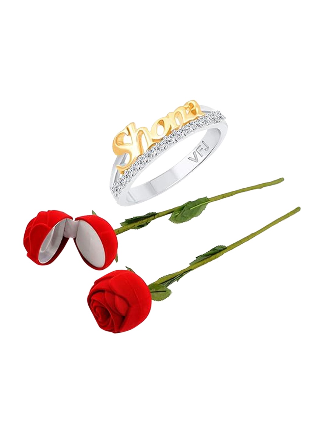 

Vighnaharta Rhodium-Plated CZ-Studded Finger Ring With Rose Box, Silver