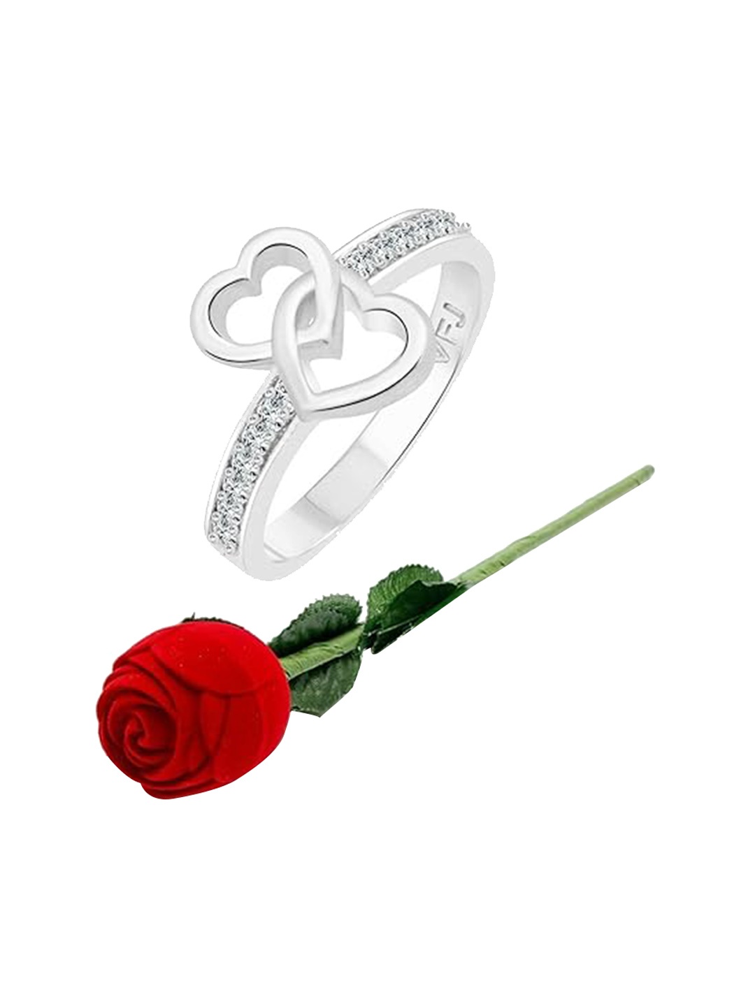 

Vighnaharta Rhodium-Plated CZ-Studded Finger Ring With Rose Box, Silver