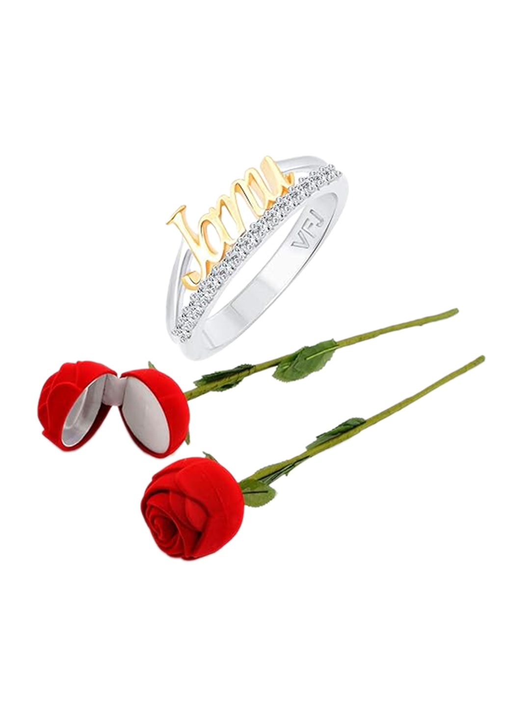 

Vighnaharta Rhodium-Plated CZ-Studded Finger Ring With Rose Box, Silver