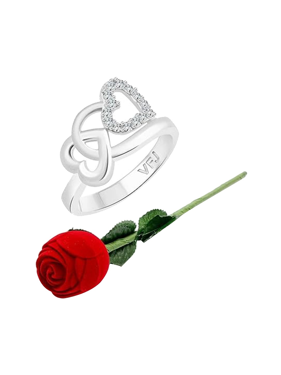 

Vighnaharta Rhodium-Plated CZ-Studded Finger Ring With Rose Box, Silver