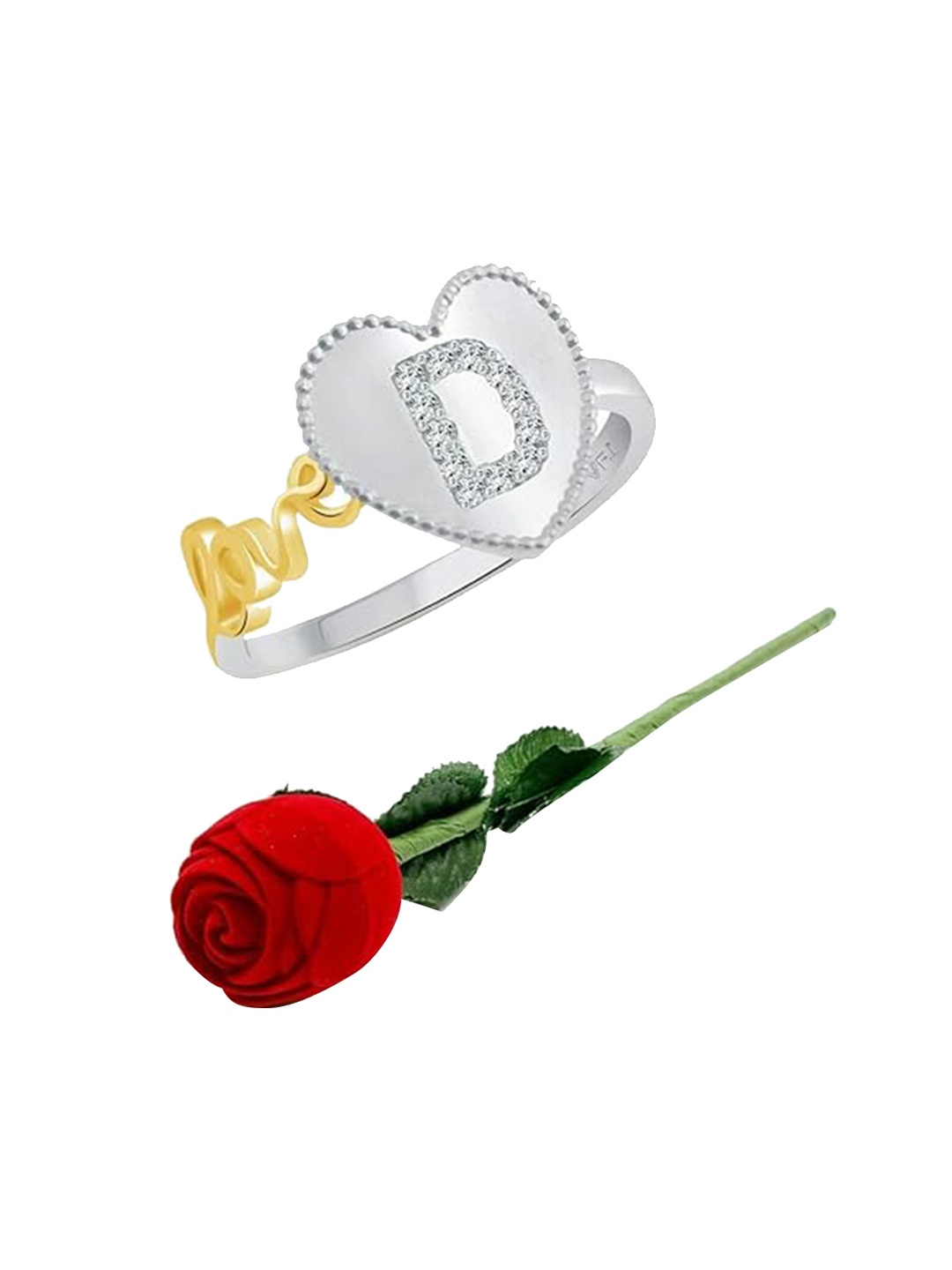 

Vighnaharta Rhodium-Plated CZ-Studded & Alphabet D Details Finger Ring With Rose Box, Silver