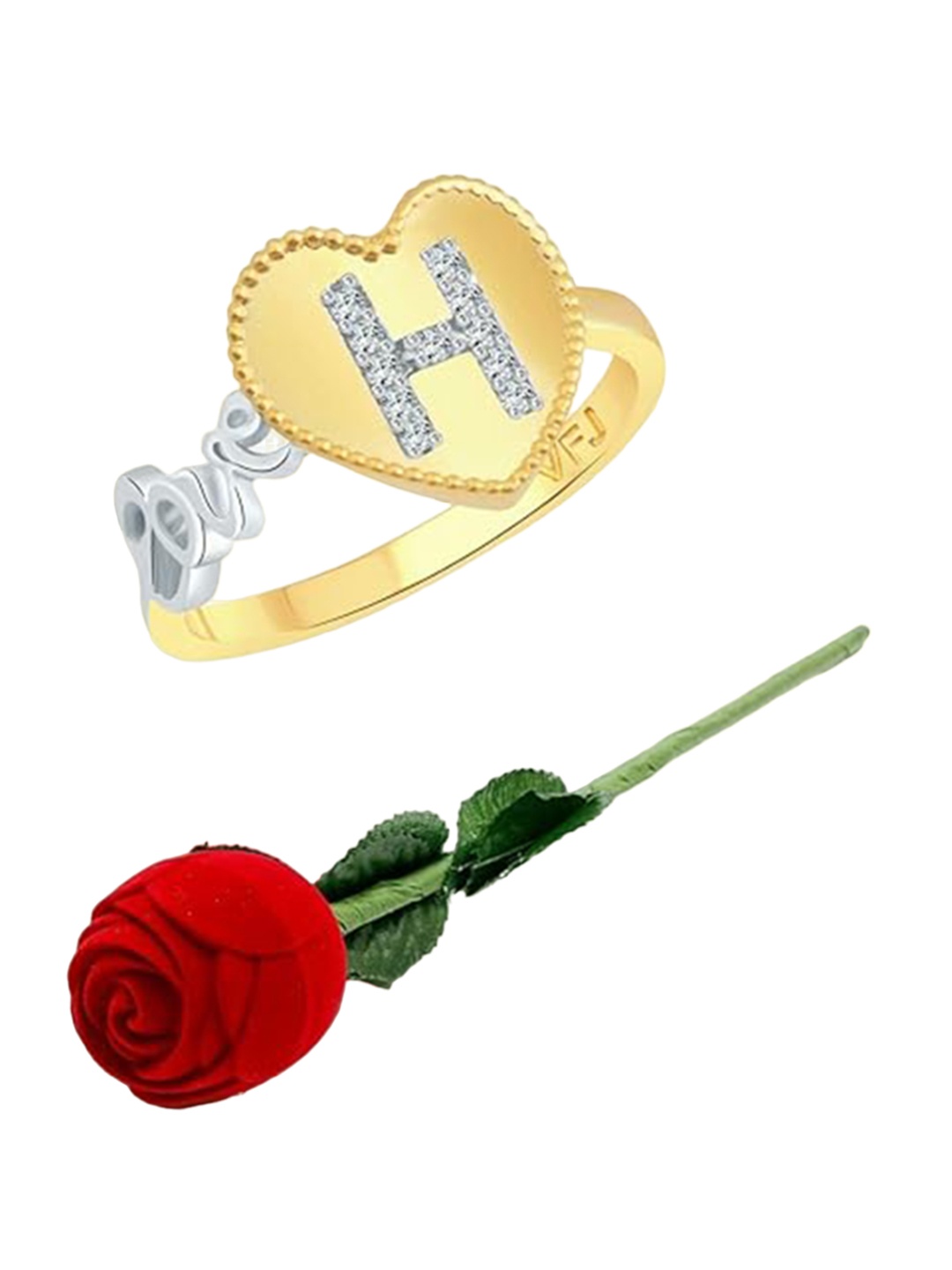 

Vighnaharta Gold-Plated CZ-Studded & Alphabet H Details Finger Ring With Rose Box
