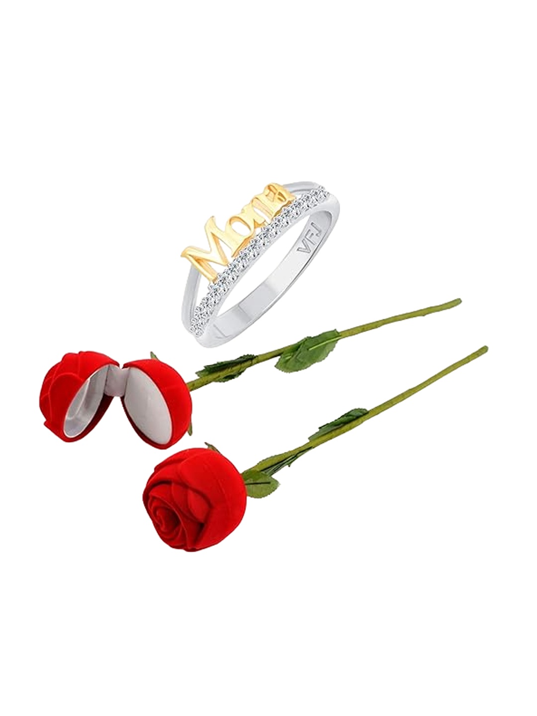 

Vighnaharta Rhodium-Plated CZ-Studded Finger Ring With Rose Box, Silver