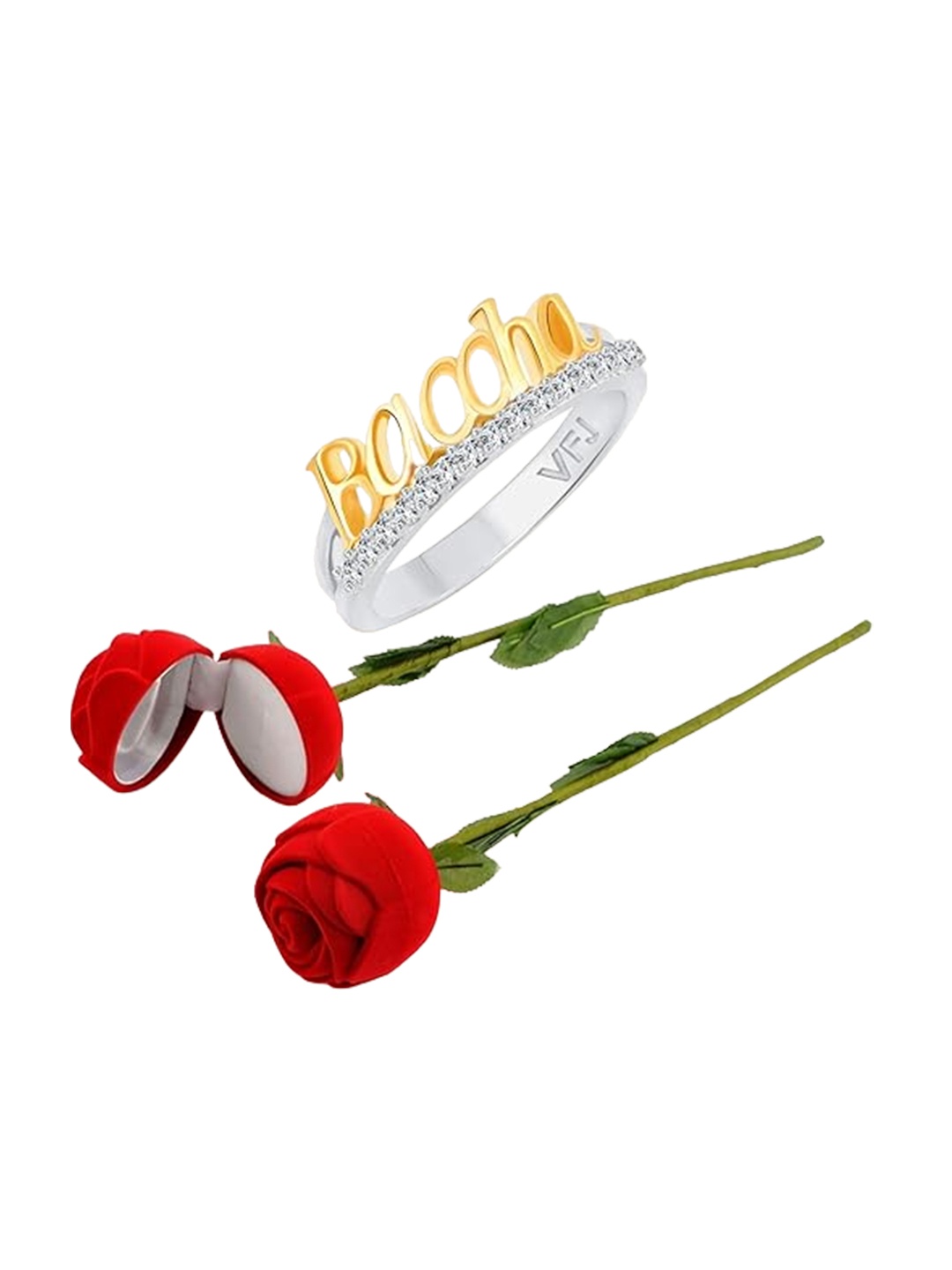 

Vighnaharta Rhodium-Plated CZ-Studded Finger Ring With Rose Box, Silver