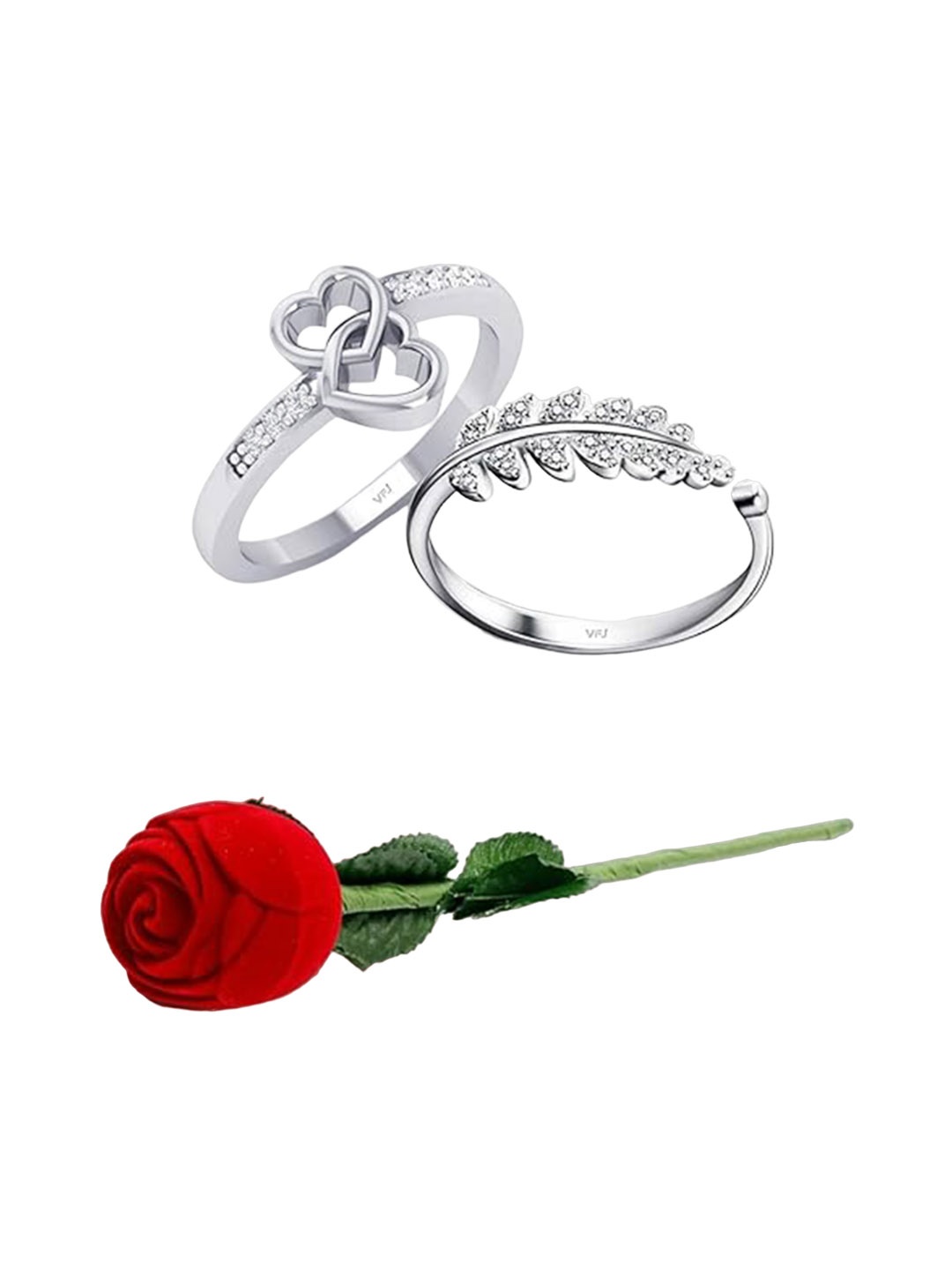 

Vighnaharta Set Of 2 Rhodium-Plated CZ-Studded Finger Ring With Rose Box, Silver