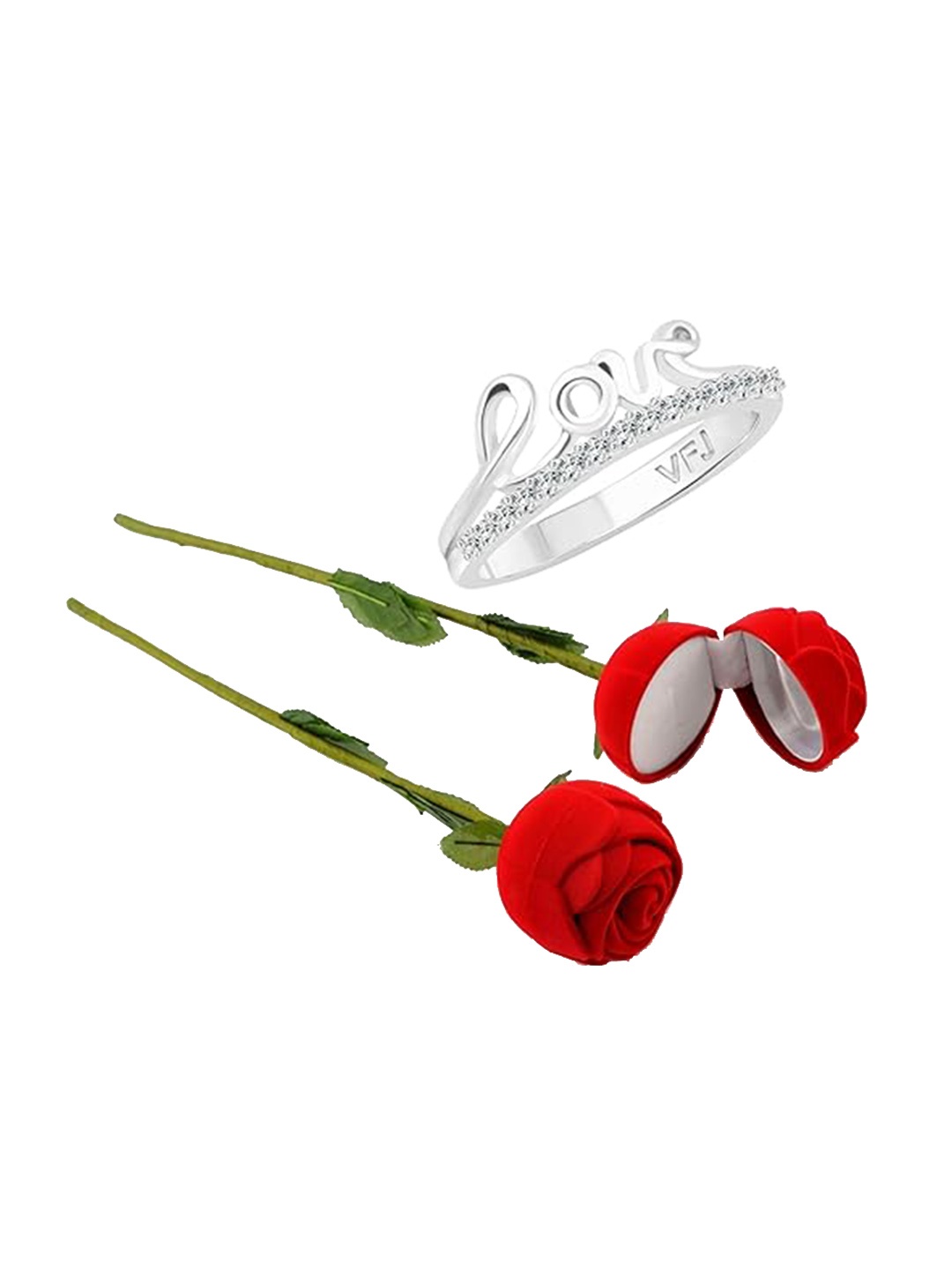 

Vighnaharta Rhodium-Plated CZ-Studded Finger Ring With Rose Box, Silver