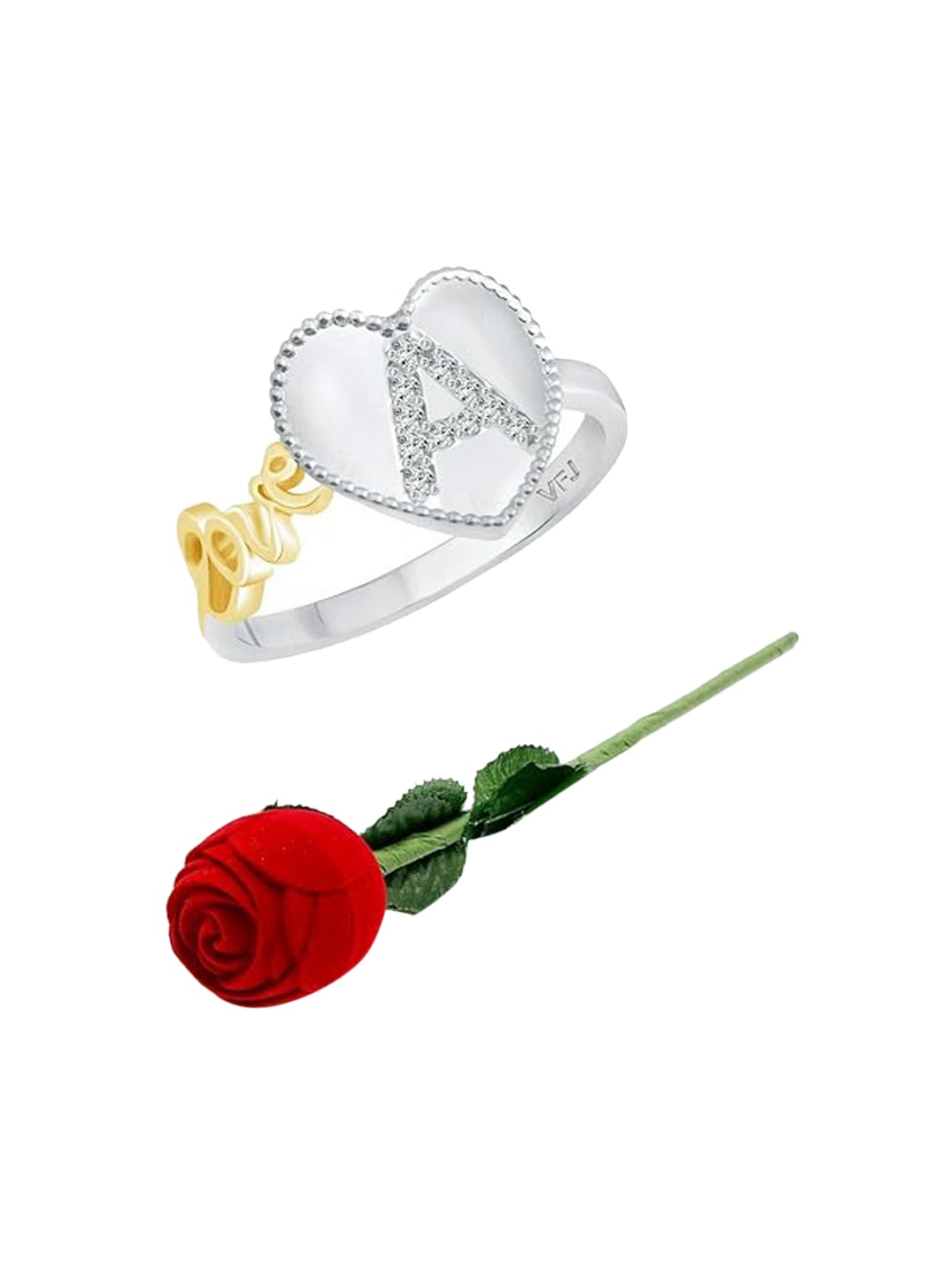 

Vighnaharta Rhodium-Plated CZ-Studded & Alphabet A Details Finger Ring With Rose Box, Silver