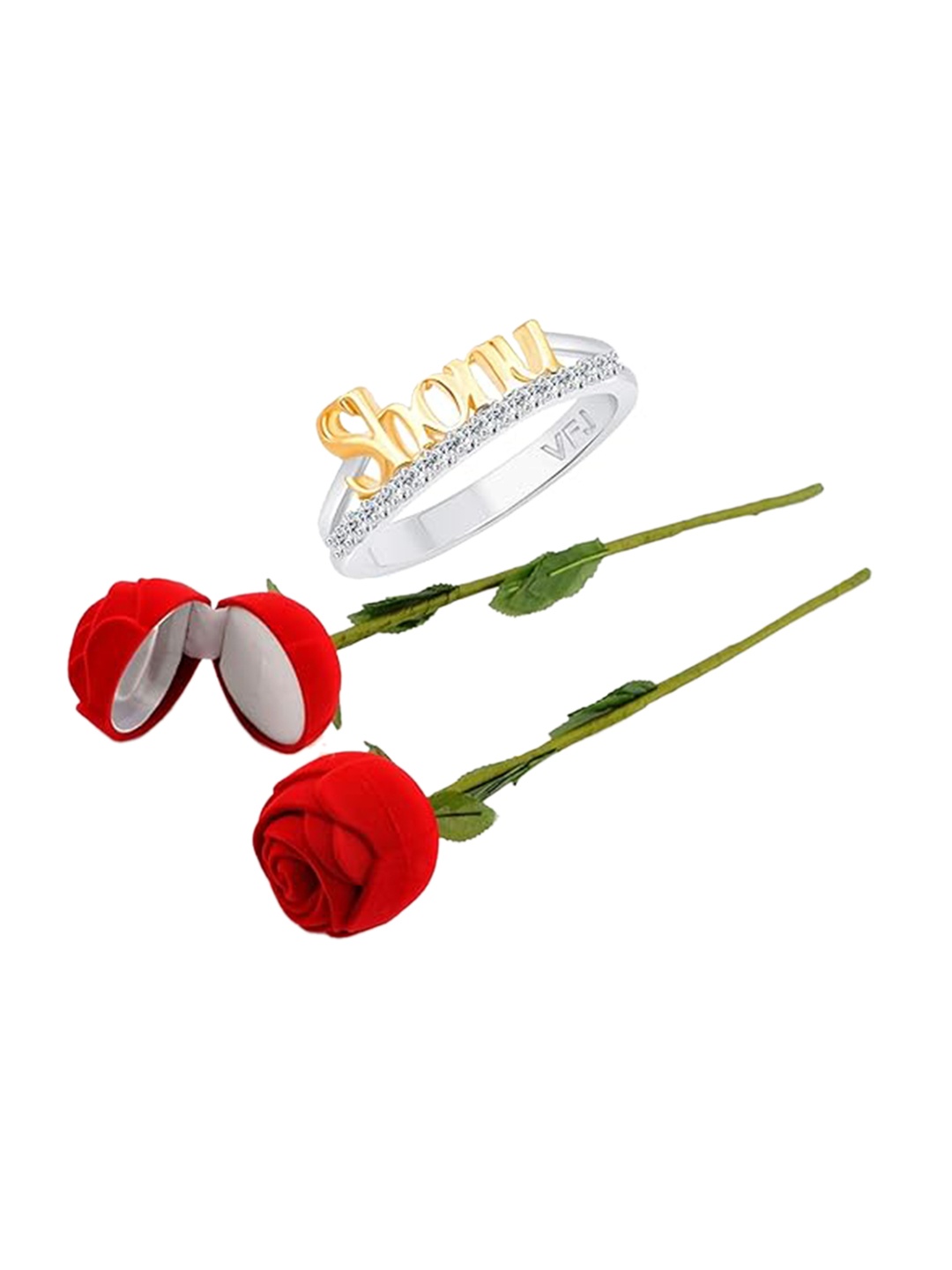 

Vighnaharta Rhodium-Plated CZ-Studded Finger Ring With Rose Box, Silver