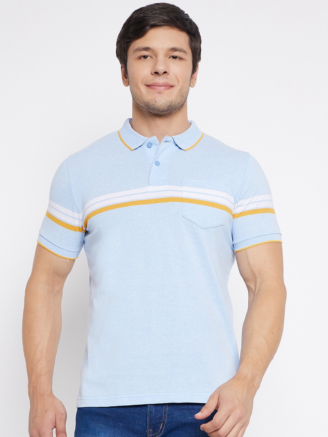 

Austin wood Striped Polo Collar Short Sleeves Pockets Cotton Slim Fit T-shirt, Blue