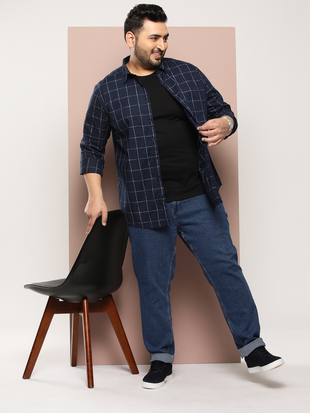 

Sztori Men Plus Size Windowpane Checks Casual Shirt, Navy blue