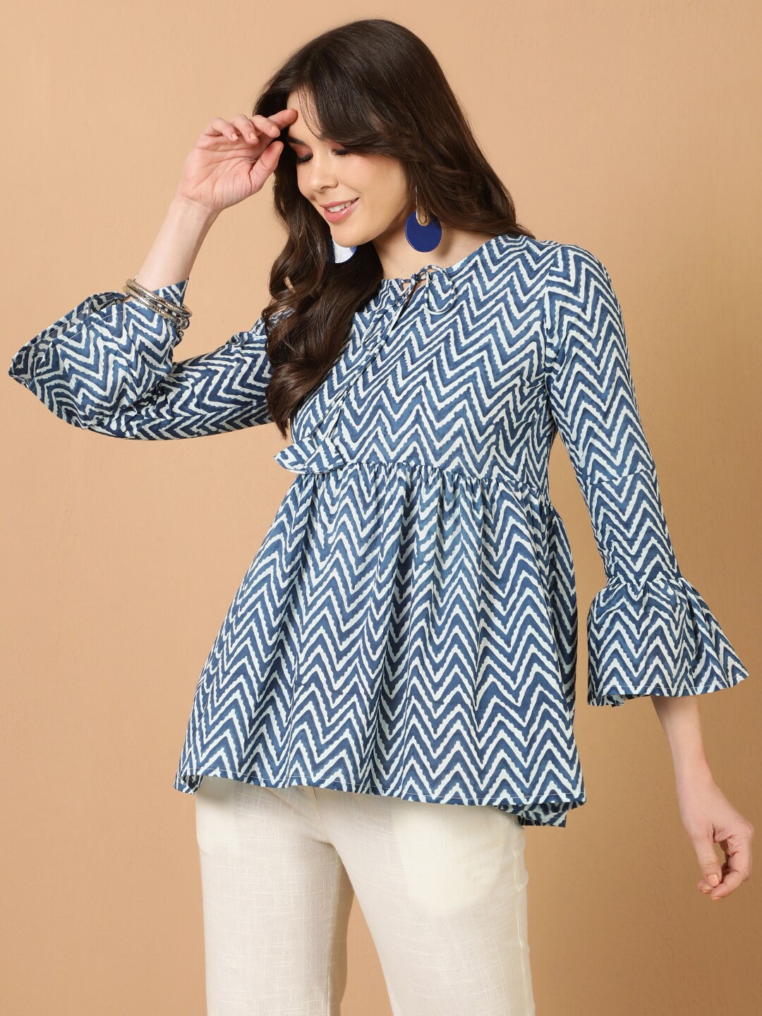 

antaran Chevron Printed Bell Sleeve Cotton Peplum Top, Blue