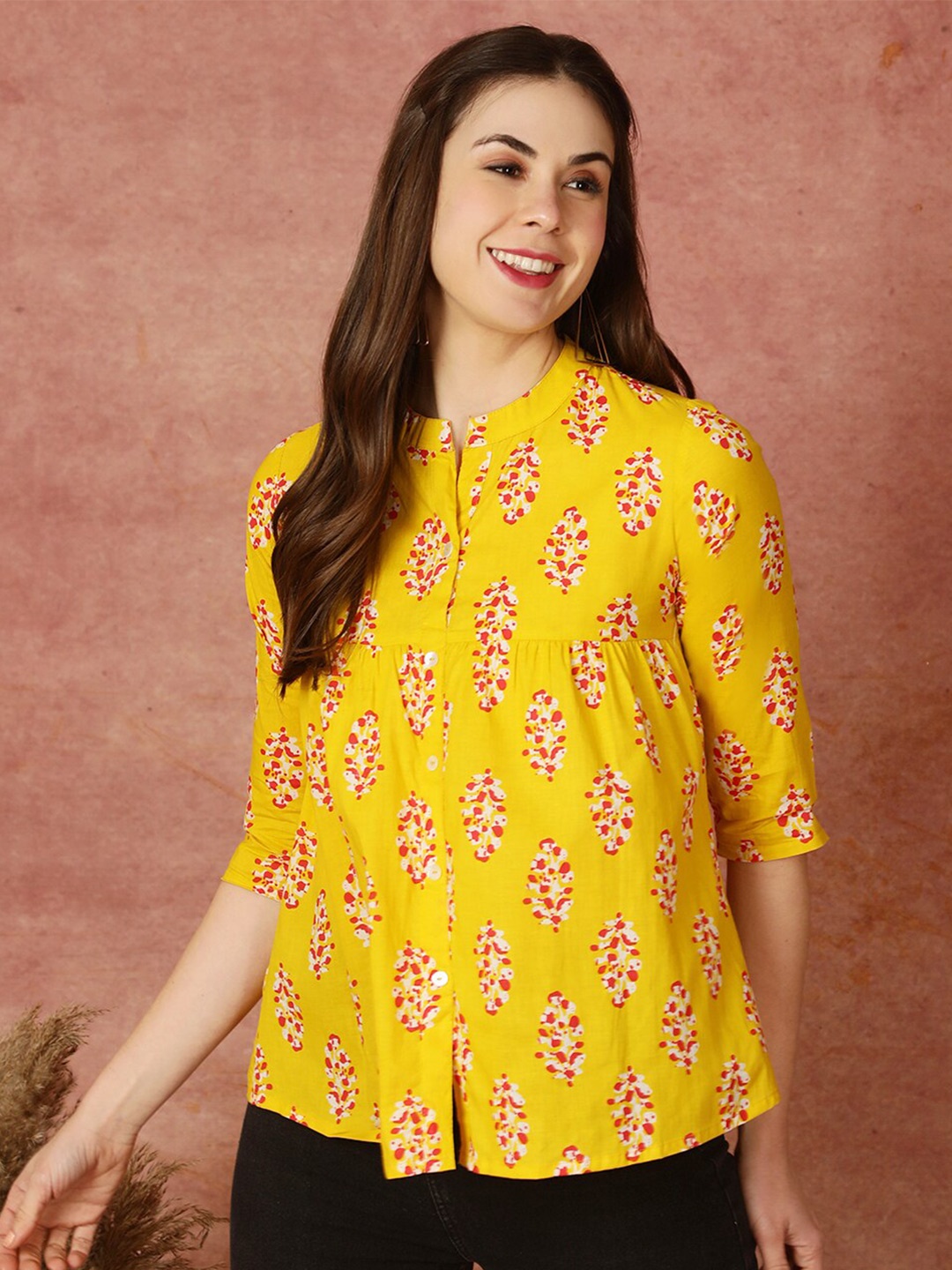 

antaran Ethnic Printed Mandarin Collar Cotton A-Line Top, Yellow