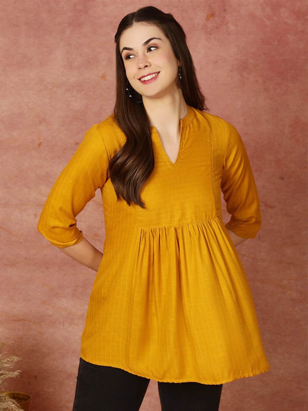 

antaran Vertical Striped Mandarin Collar Top, Yellow