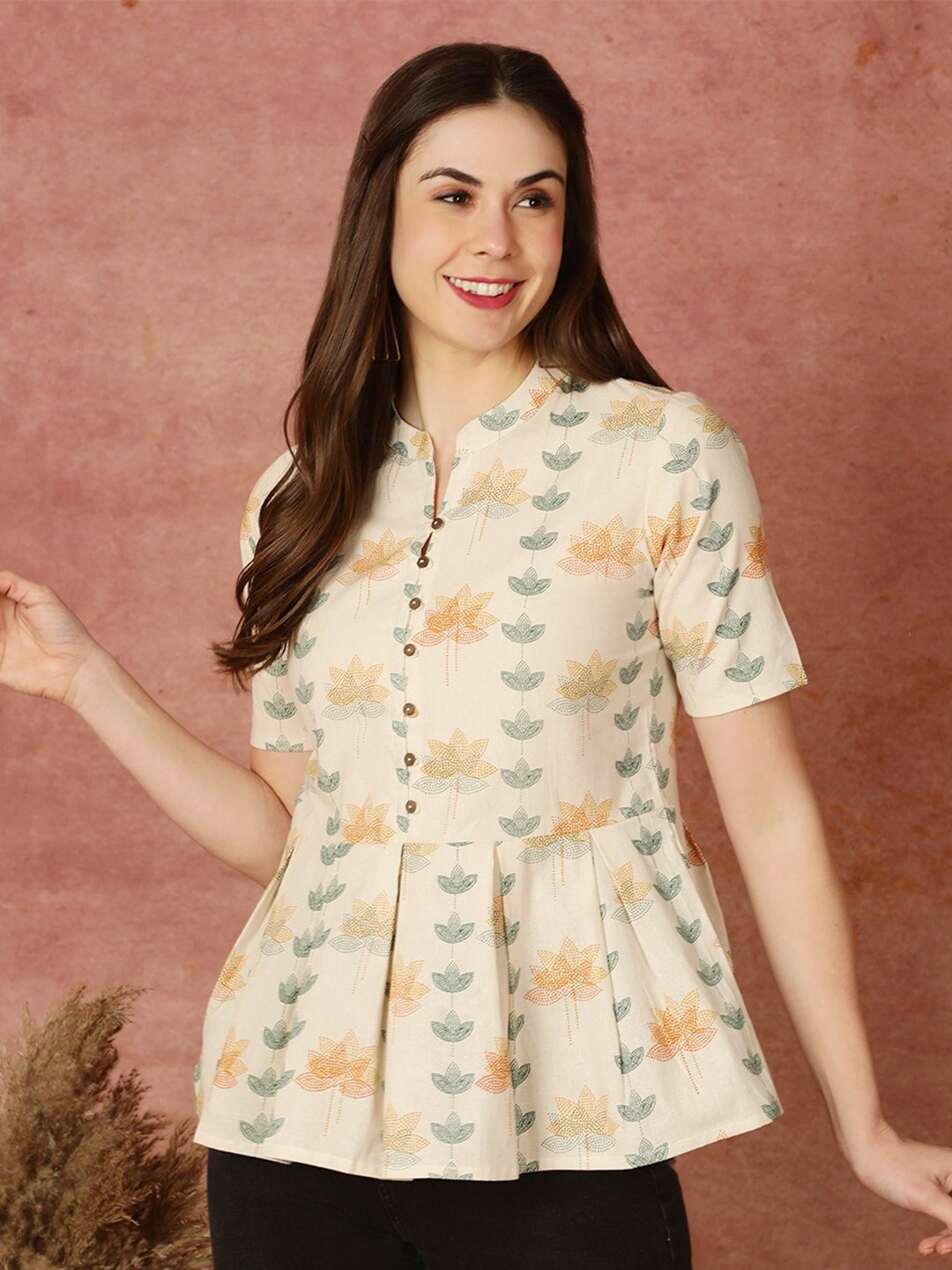 

antaran Floral Printed Mandarin Collar Pure Cotton Peplum Top, Beige