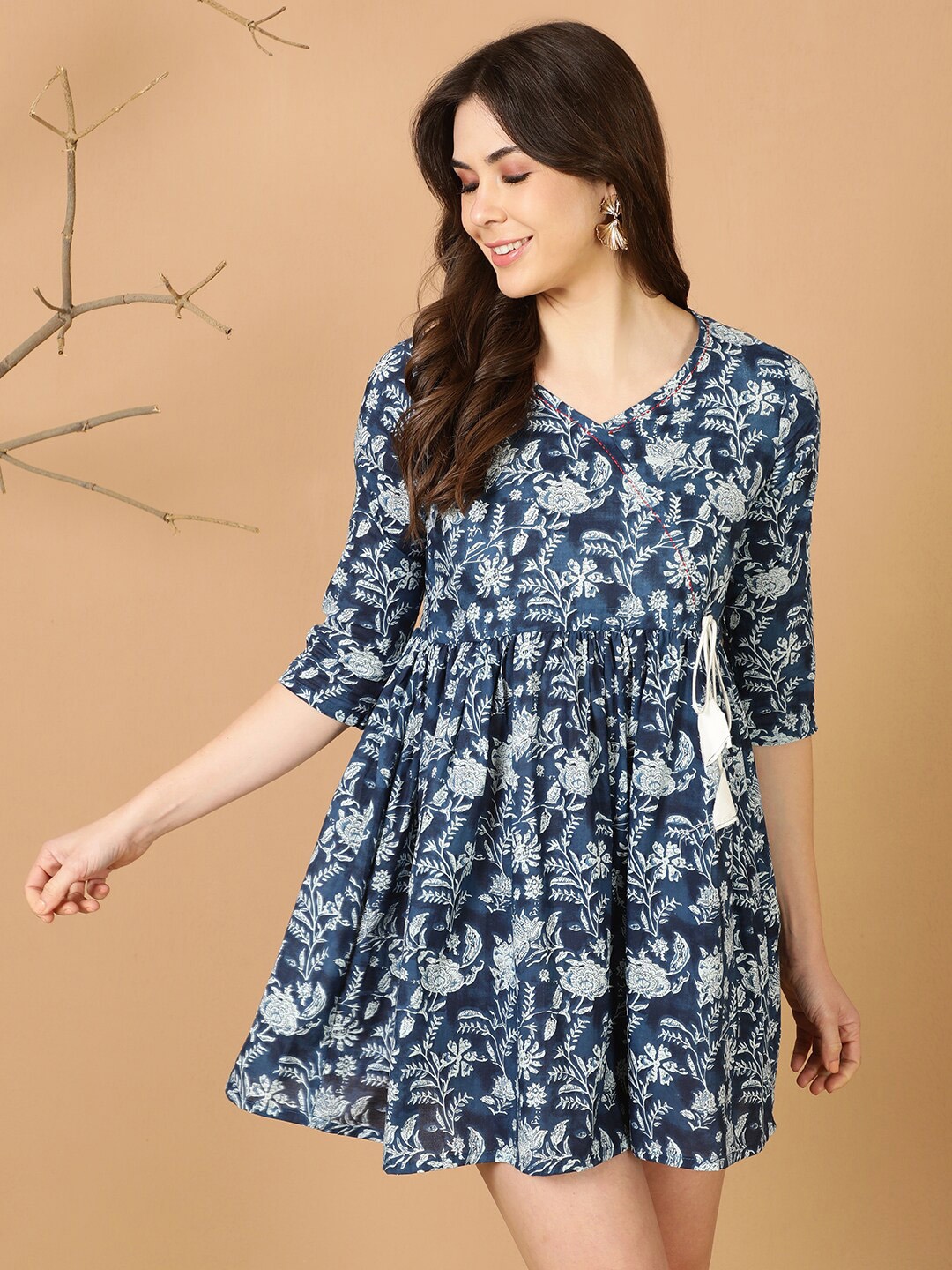 

antaran Floral Printed V-Neck Gathered Pure Cotton Fit & Flare Mini Dress, Blue