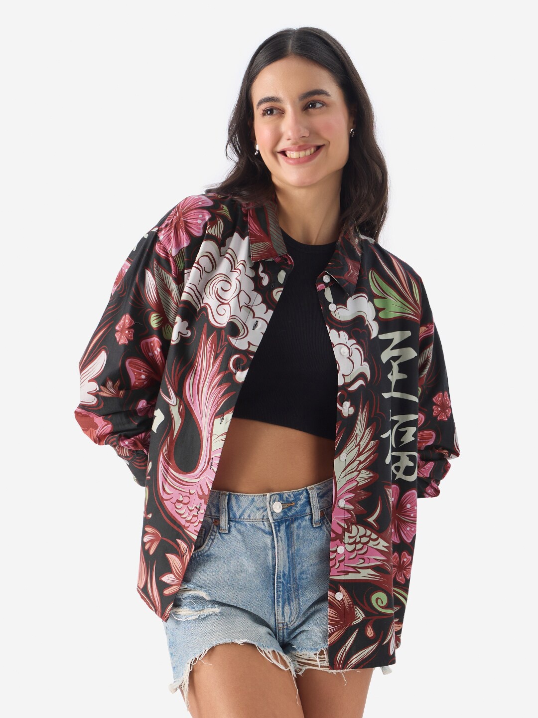 

The Souled Store Floral Printed Pure Cotton Oversized Casual Shirt, Black