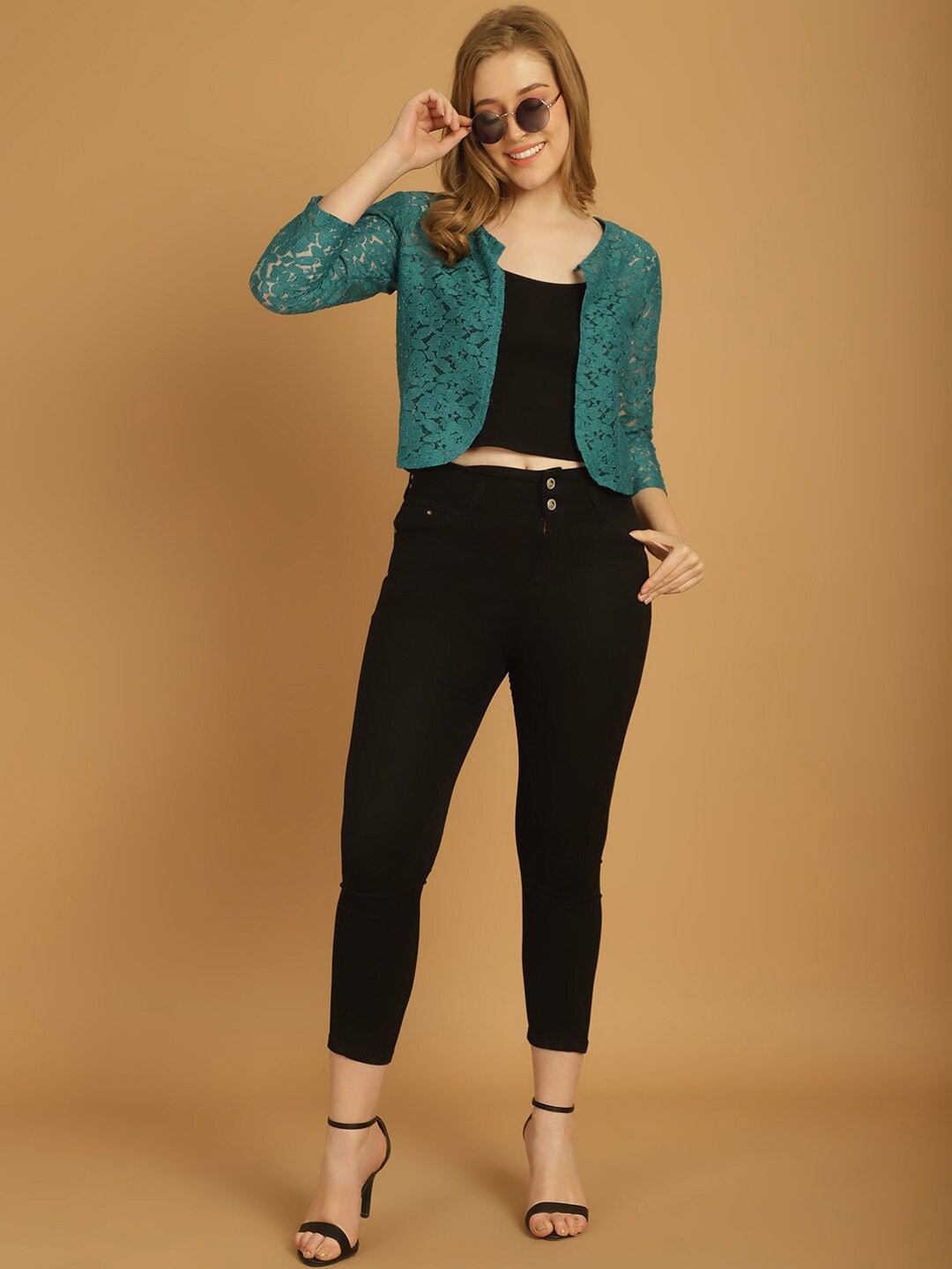 

urSense Self Design Crop Open Front Sheer Shrug & Inner, Teal
