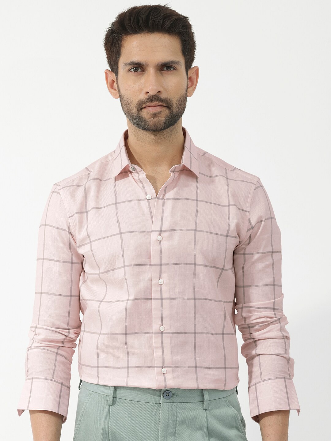 

RARE RABBIT Men Carrie Slim Fit Windowpane Checked Cotton Shirt, Pink