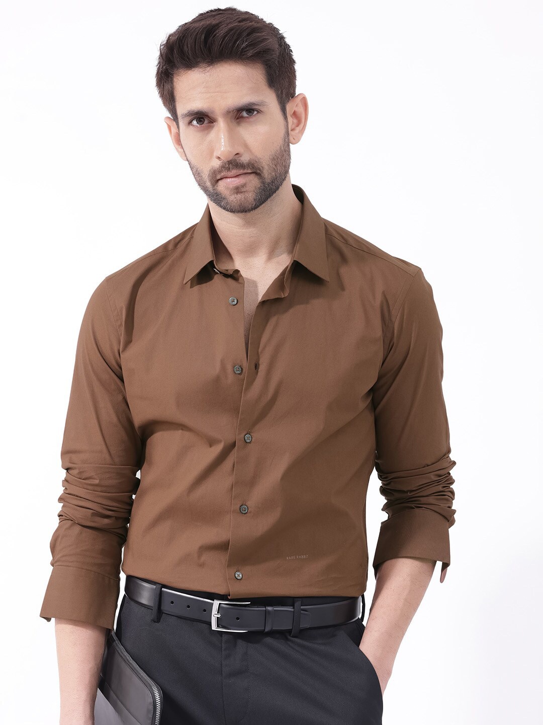 

RARE RABBIT Men Neutron-8 Spread Collar Slim Fit Cotton Shirt, Brown