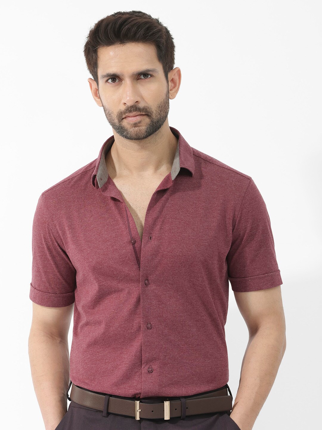 

RARE RABBIT Men Miraje Spread Collar Slim Fit Cotton Shirt, Maroon