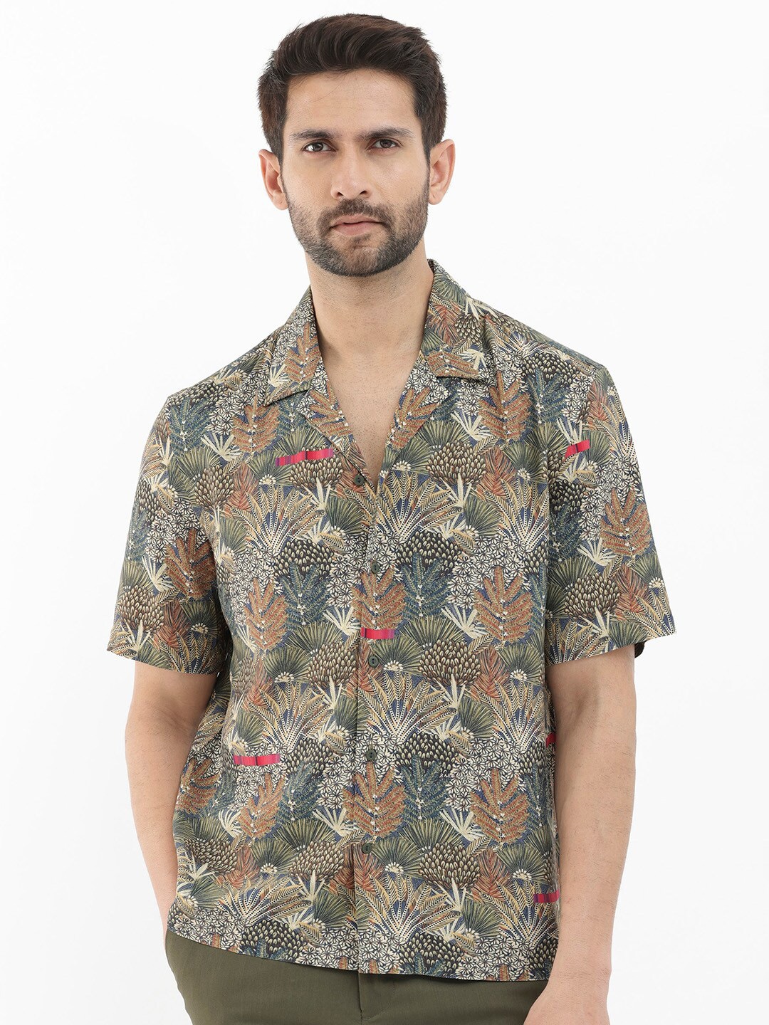 

RARE RABBIT Men Grake Tropical Printed Slim Fit Cuban Collar Shirt, Olive