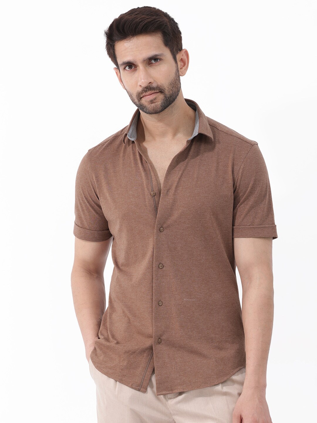 

RARE RABBIT Men Miraje Spread Collar Slim Fit Cotton Shirt, Brown