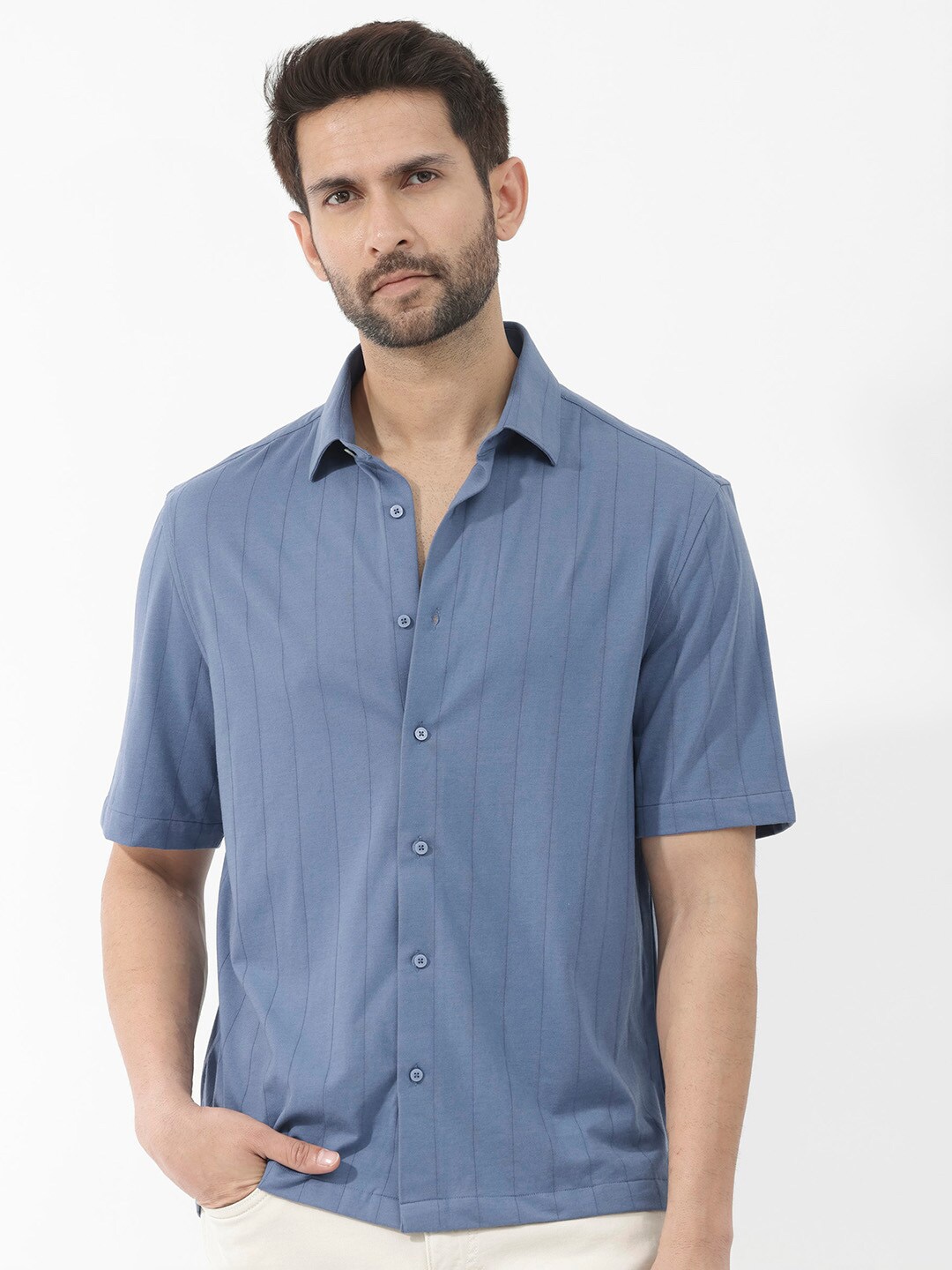 

RARE RABBIT Men Vert Slim Fit Vertical Striped Cotton Shirt, Blue