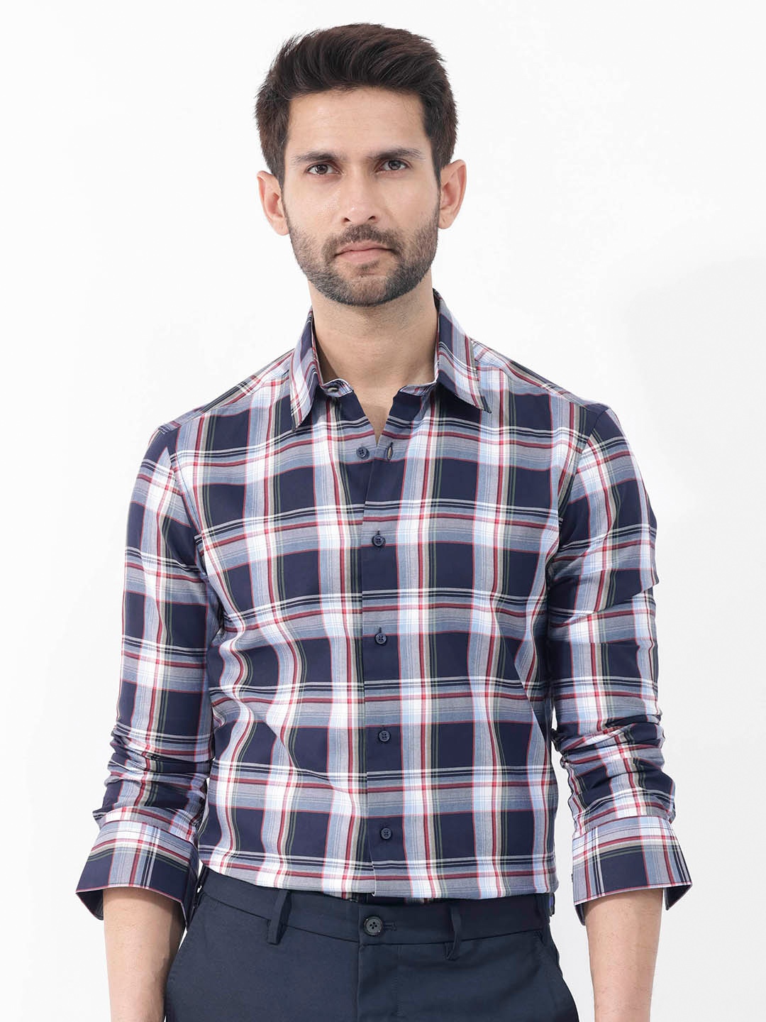 

RARE RABBIT Men Caton Slim Fit Tartan Checked Cotton Shirt, Navy blue