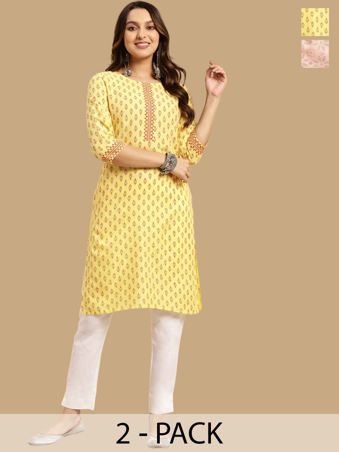 

Rangita Selection Of 2 Ethnic Motifs Printed Straight Kurtas, Yellow