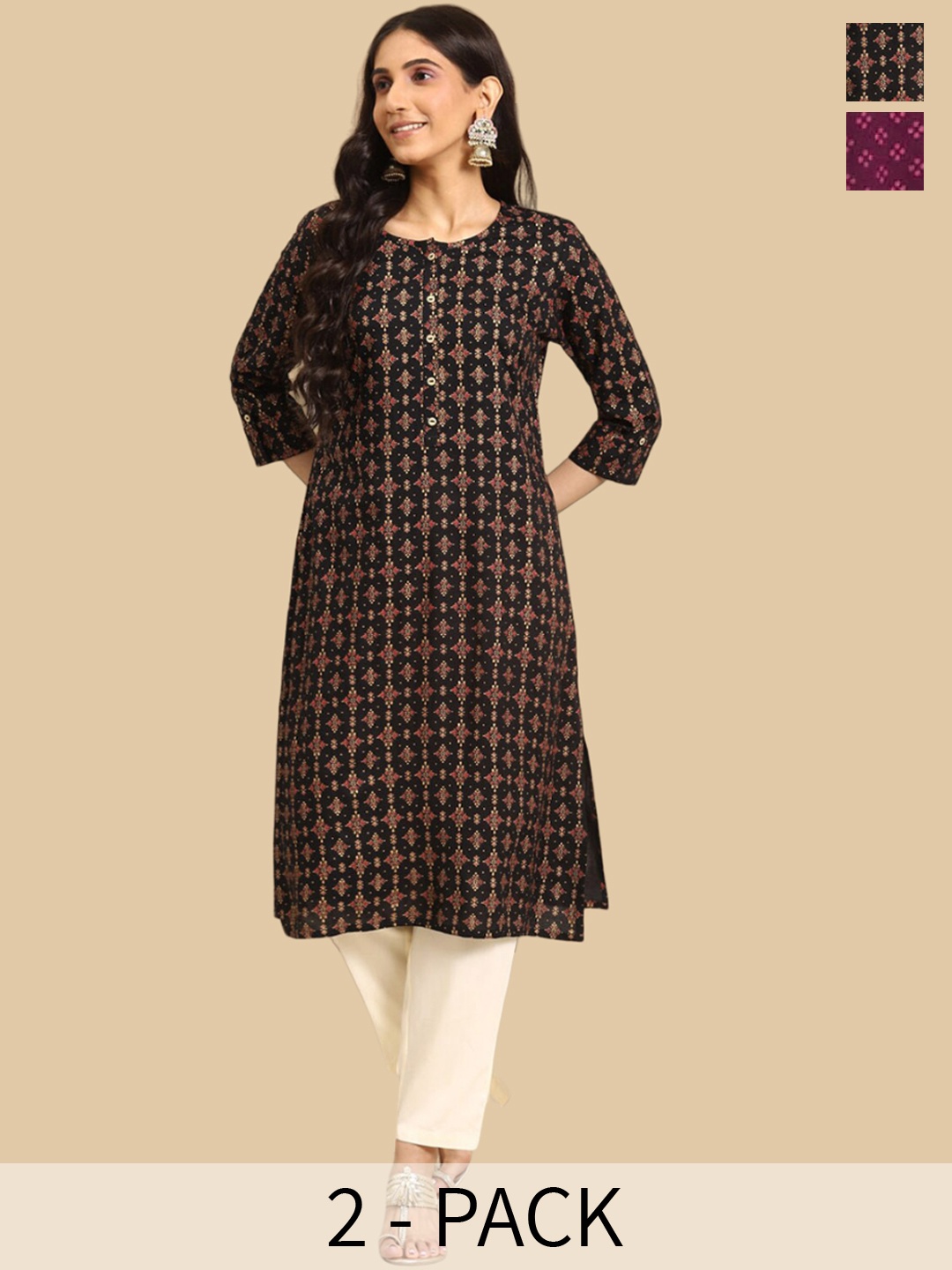 

Rangita Selection Of 2 Ethnic Motifs Printed Straight Kurtas, Black
