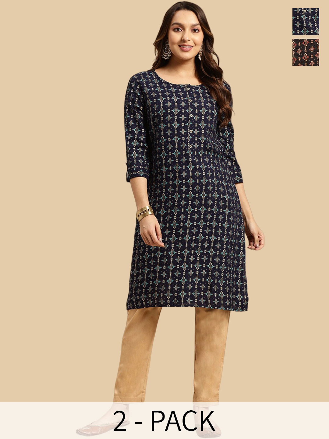 

Rangita Selection Of 2 Ethnic Motifs Printed Kurta, Navy blue