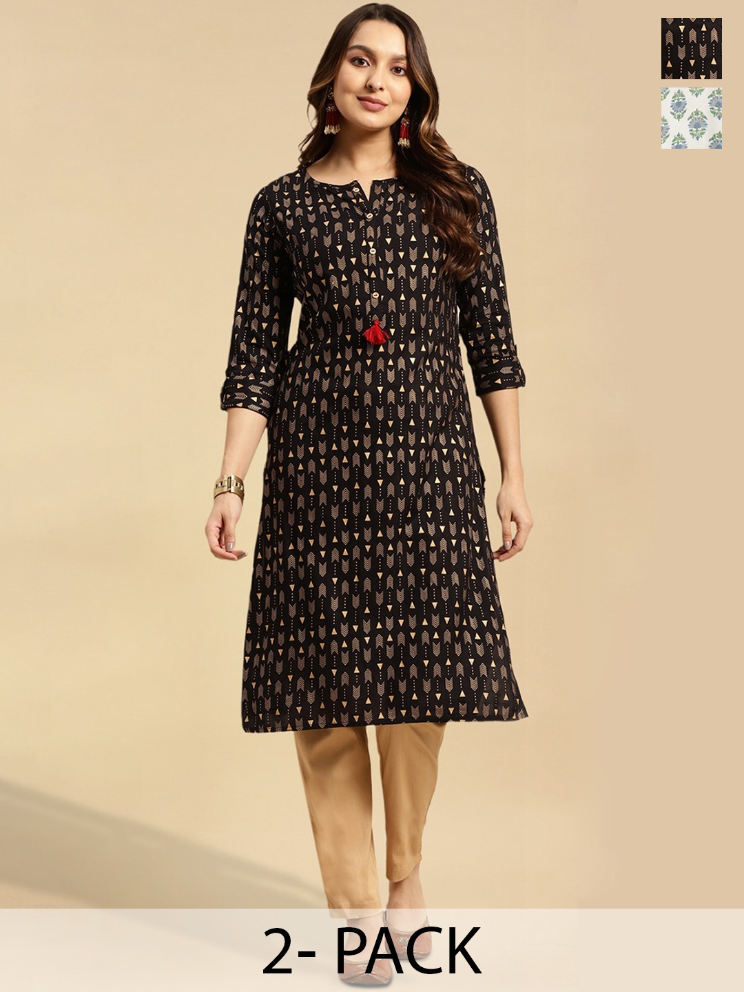 

Rangita Selection Of 2 Ethnic Motifs Printed Straight Kurtas, Black