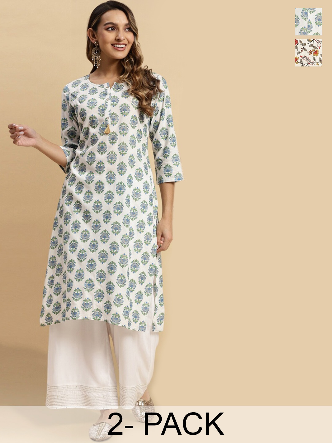 Rangita Selection of 2 Floral Printed Round Neck Kurta, Off white