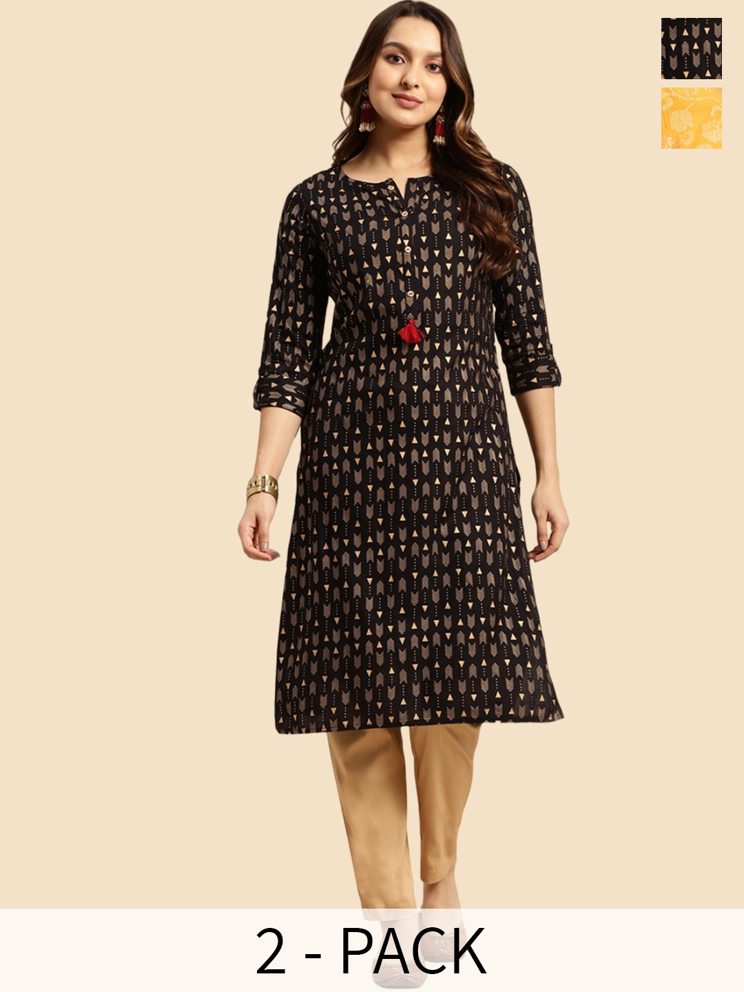 

Rangita Selection of 2 Printed Round Neck Kurta, Black